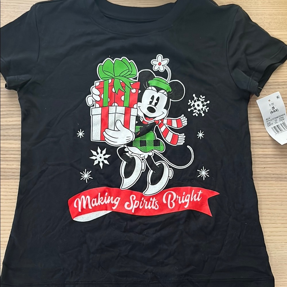 NWT Disney "Making Spirits Bright" Minnie Mouse Xmas Black Short Sleeve Tee